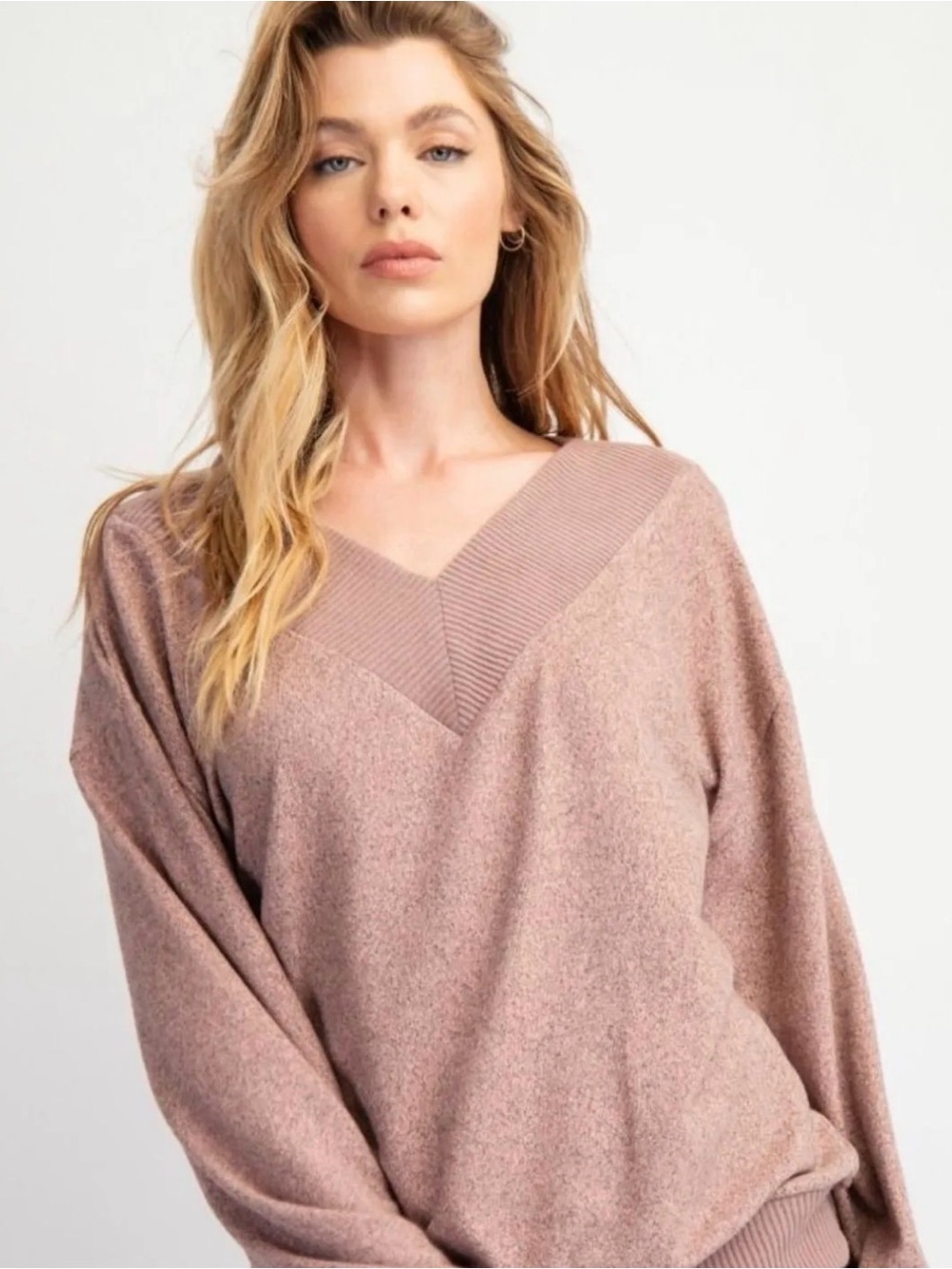 V-Neck Cozy Hacci Knit Sweater in Dusty Rose